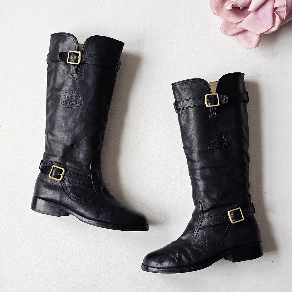 Coach Whitley Black Leather Equestrian Riding Boots Harness Buckle Size 7.5B